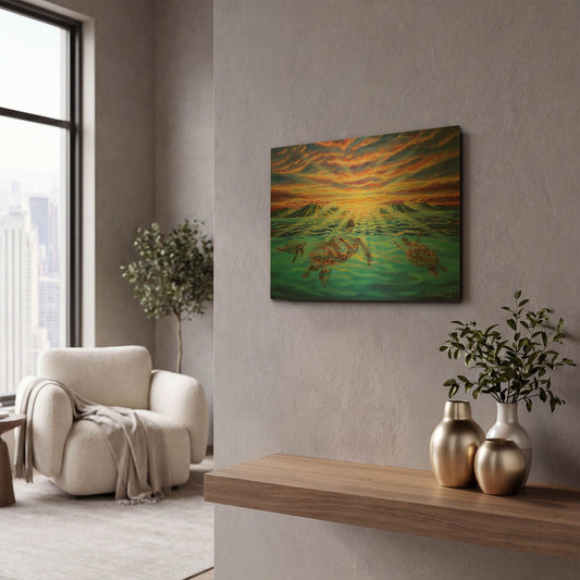 'Turtle Sunset' By Jan Kasparec Gold Metal Wall Art