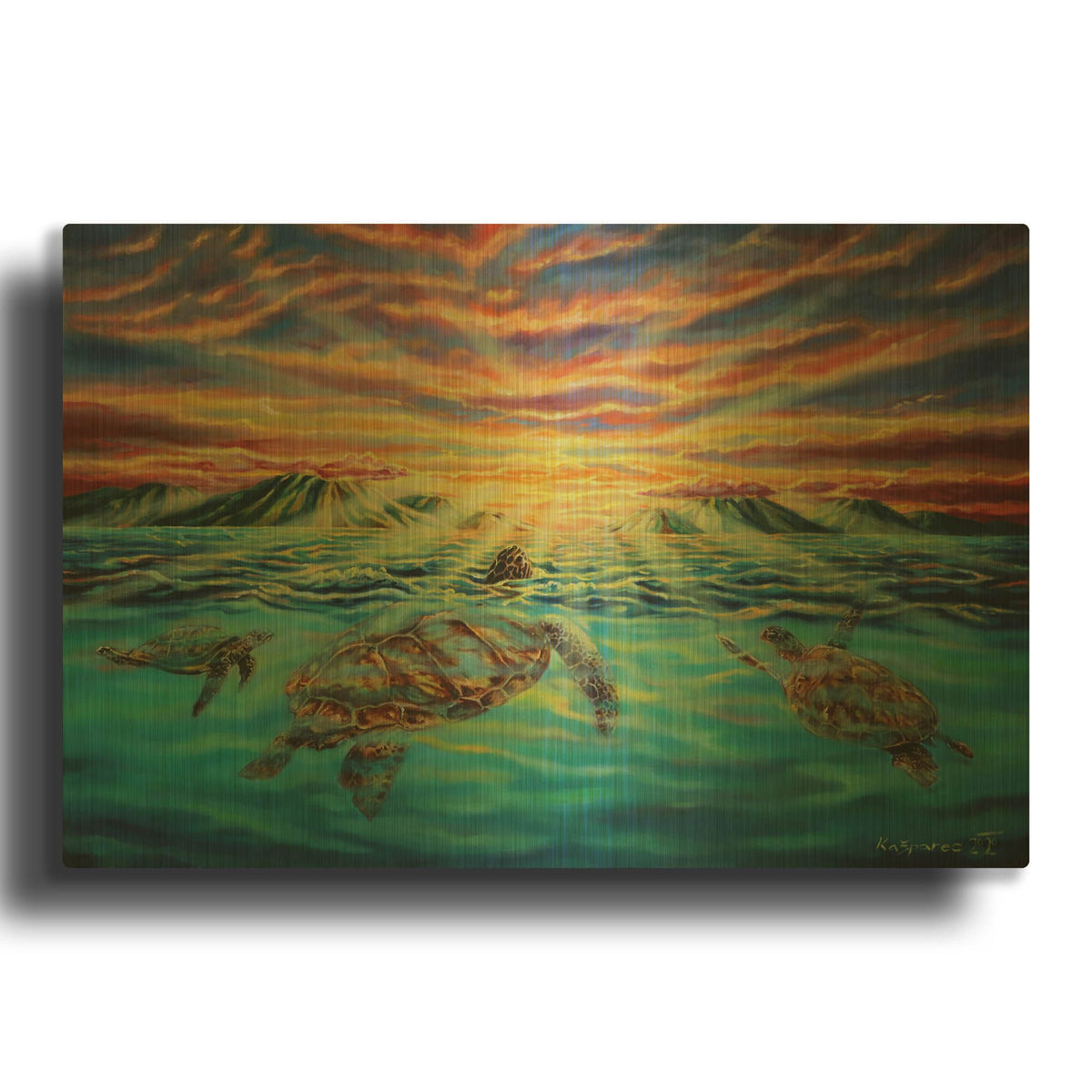 'Turtle Sunset' By Jan Kasparec Gold Metal Wall Art