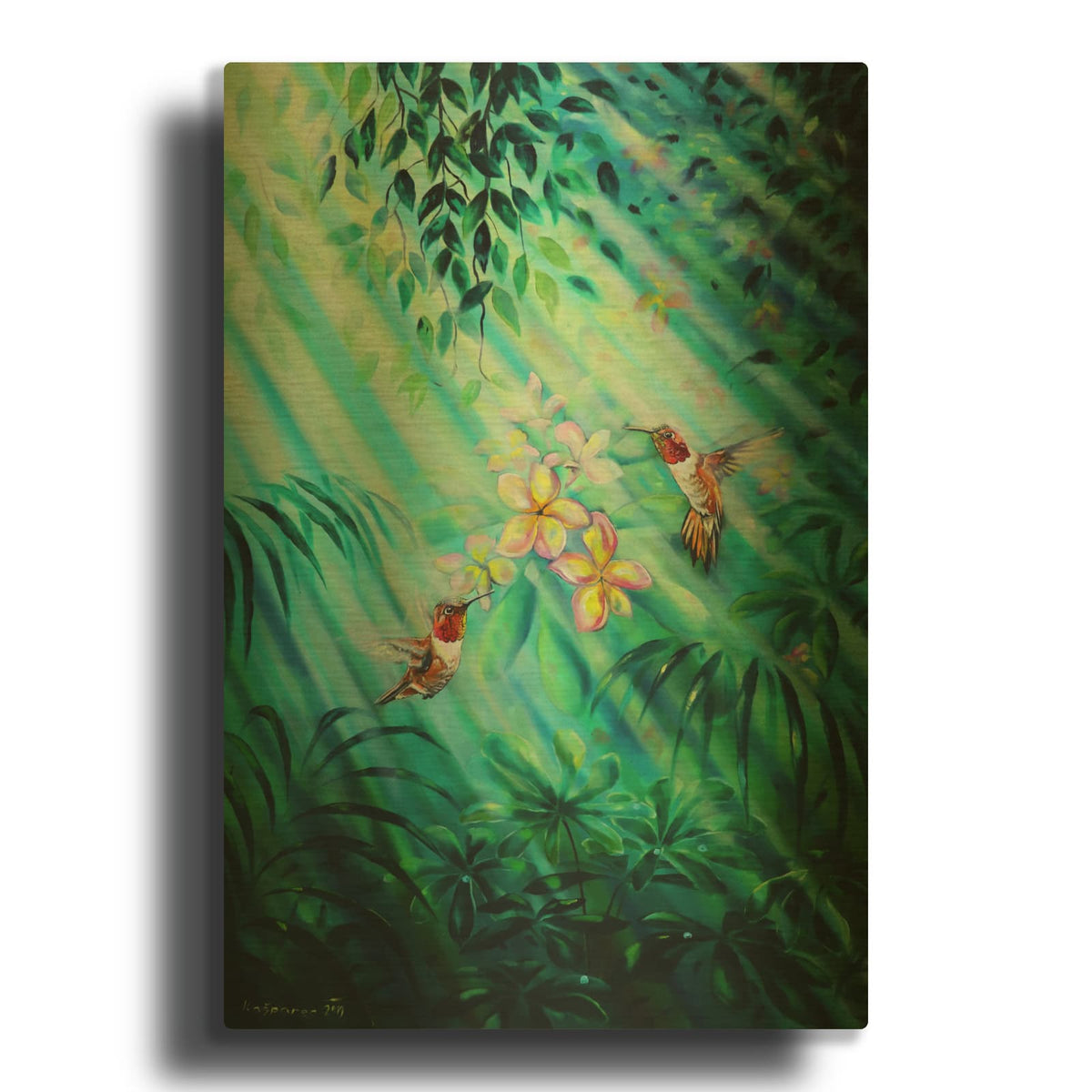 'Hummingbirds Plumeria' By Jan Kasparec Gold Metal Wall Art