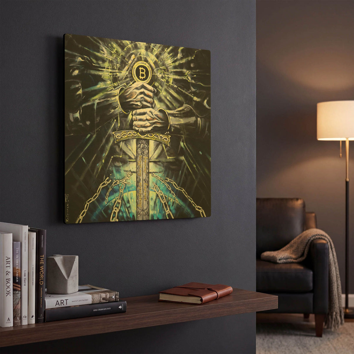 'Bitcoin Knight' By Jan Kasparec Gold Metal Wall Art