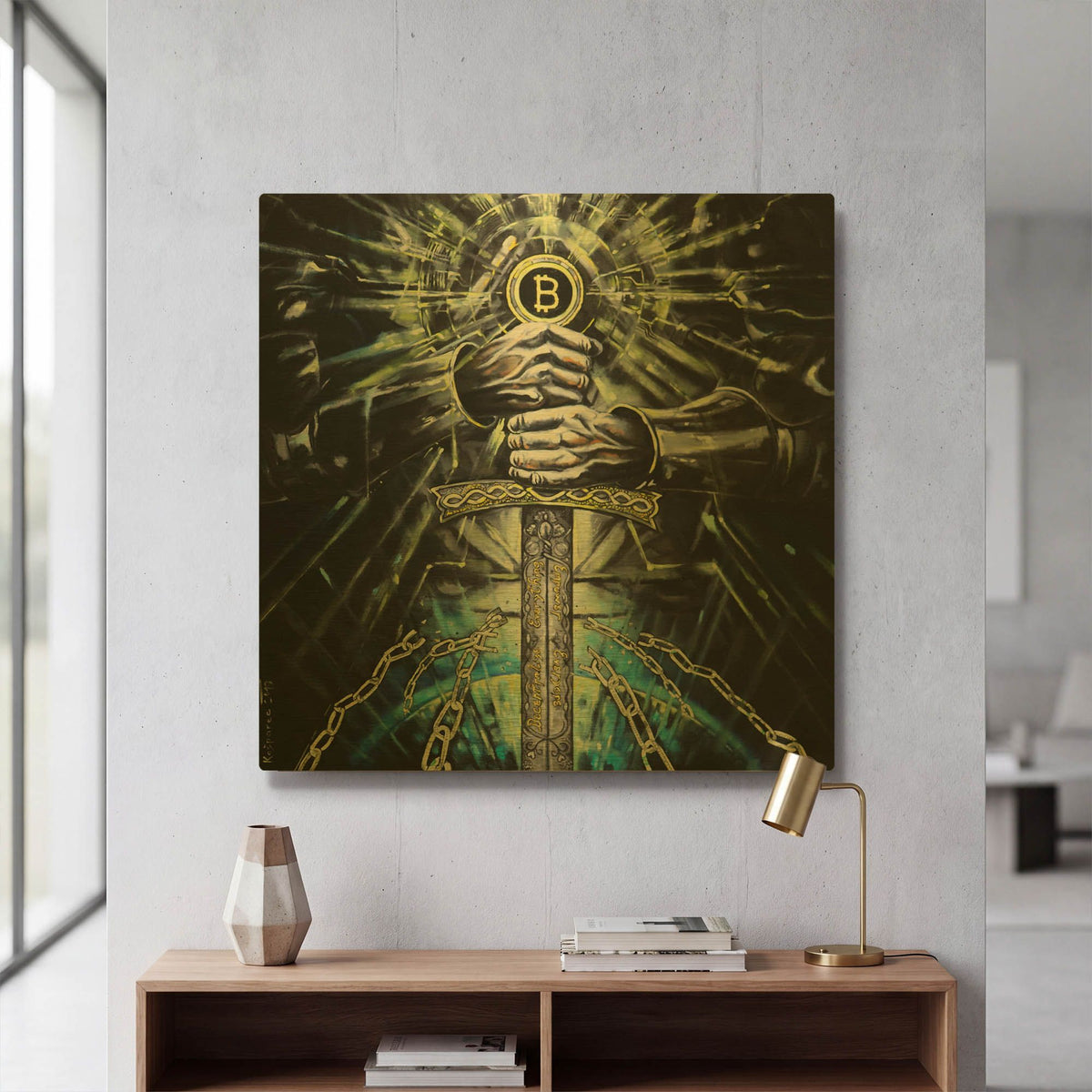 'Bitcoin Knight' By Jan Kasparec Gold Metal Wall Art