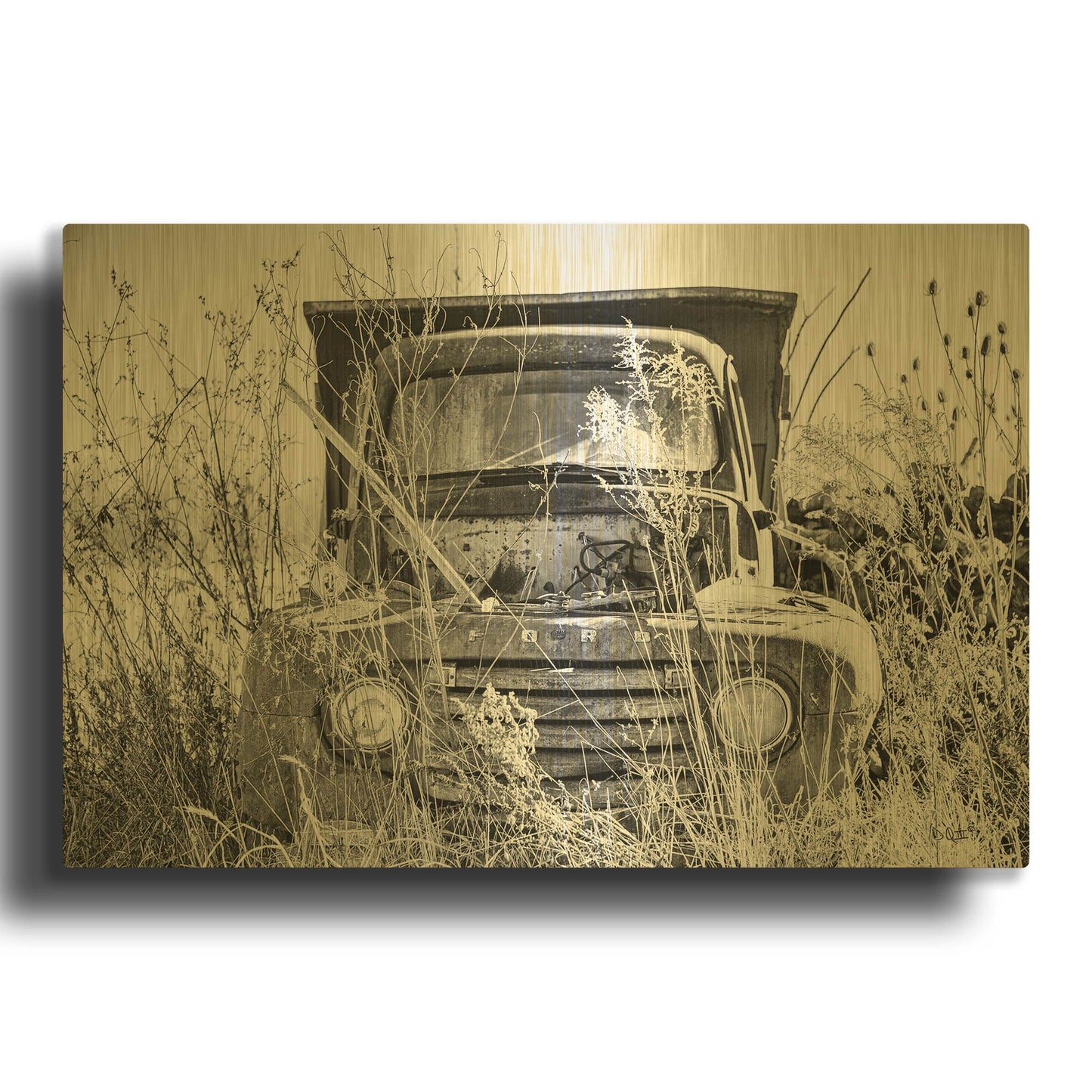 'Truck in Wildflower Field' By Donnie Quillen Gold Metal Wall Art