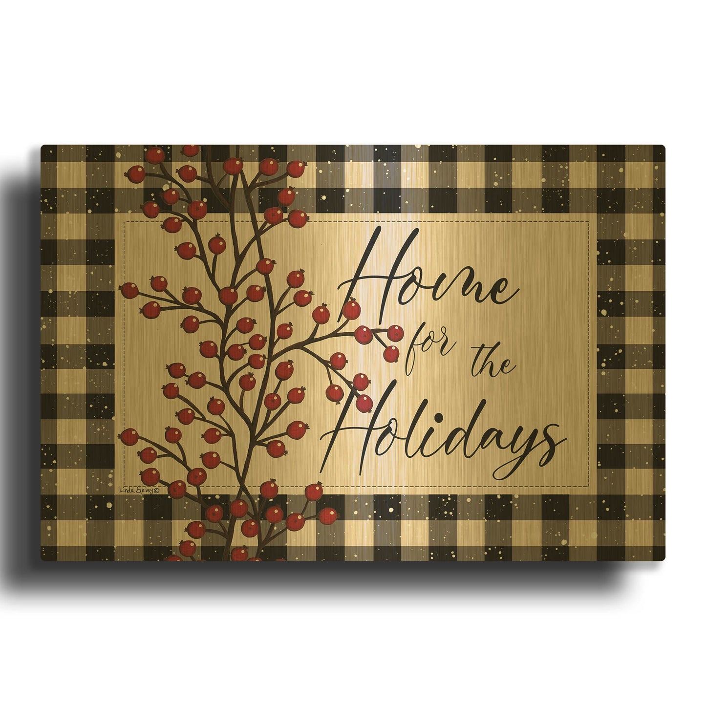 'Home for the Holidays with Berries' By Linda Spivey Gold Metal Wall Art