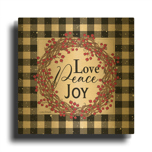 'Love Peace Joy with Berries' By Linda Spivey Gold Metal Wall Art