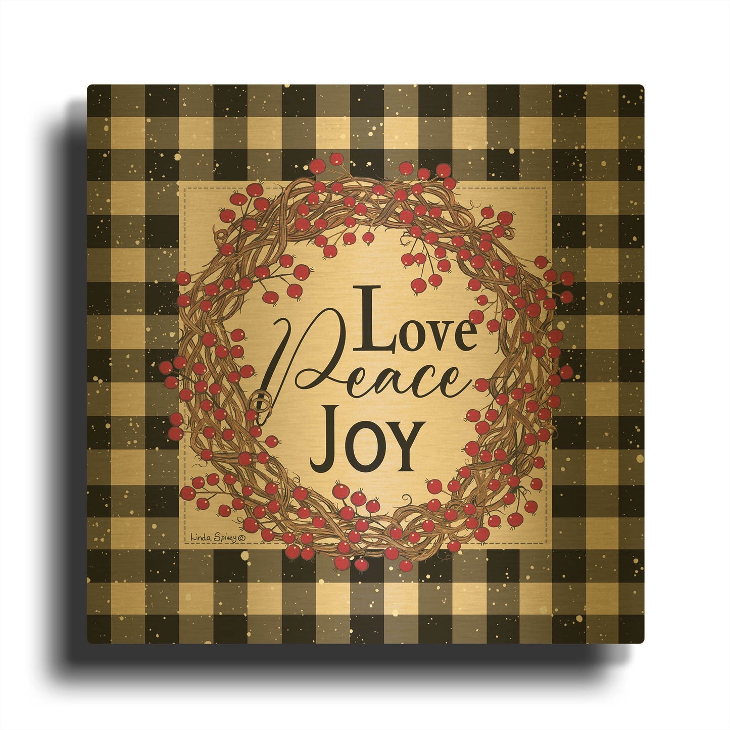 'Love Peace Joy with Berries' By Linda Spivey Gold Metal Wall Art