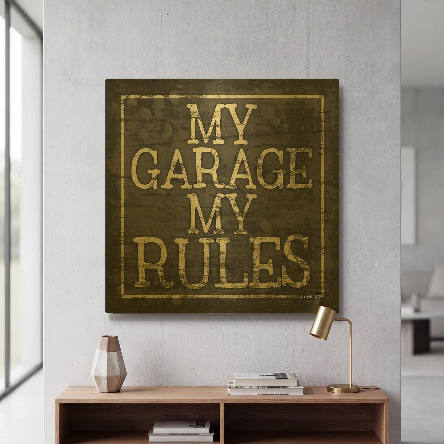 'My Garage, My Rules' By Misty Michelle Gold Metal Wall Art