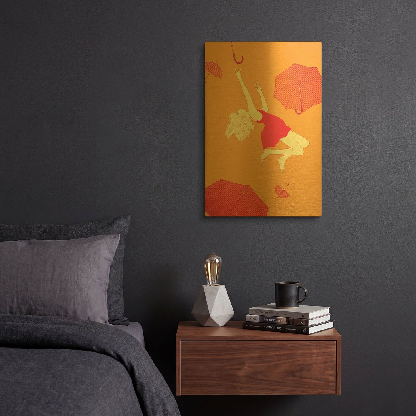 'Flying Umbrellas' By Sai Tamiya Gold Metal Wall Art