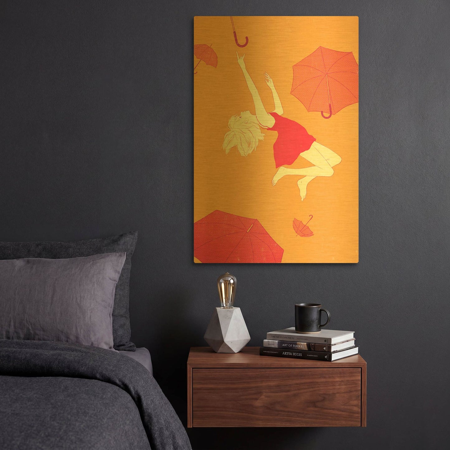 'Flying Umbrellas' By Sai Tamiya Gold Metal Wall Art