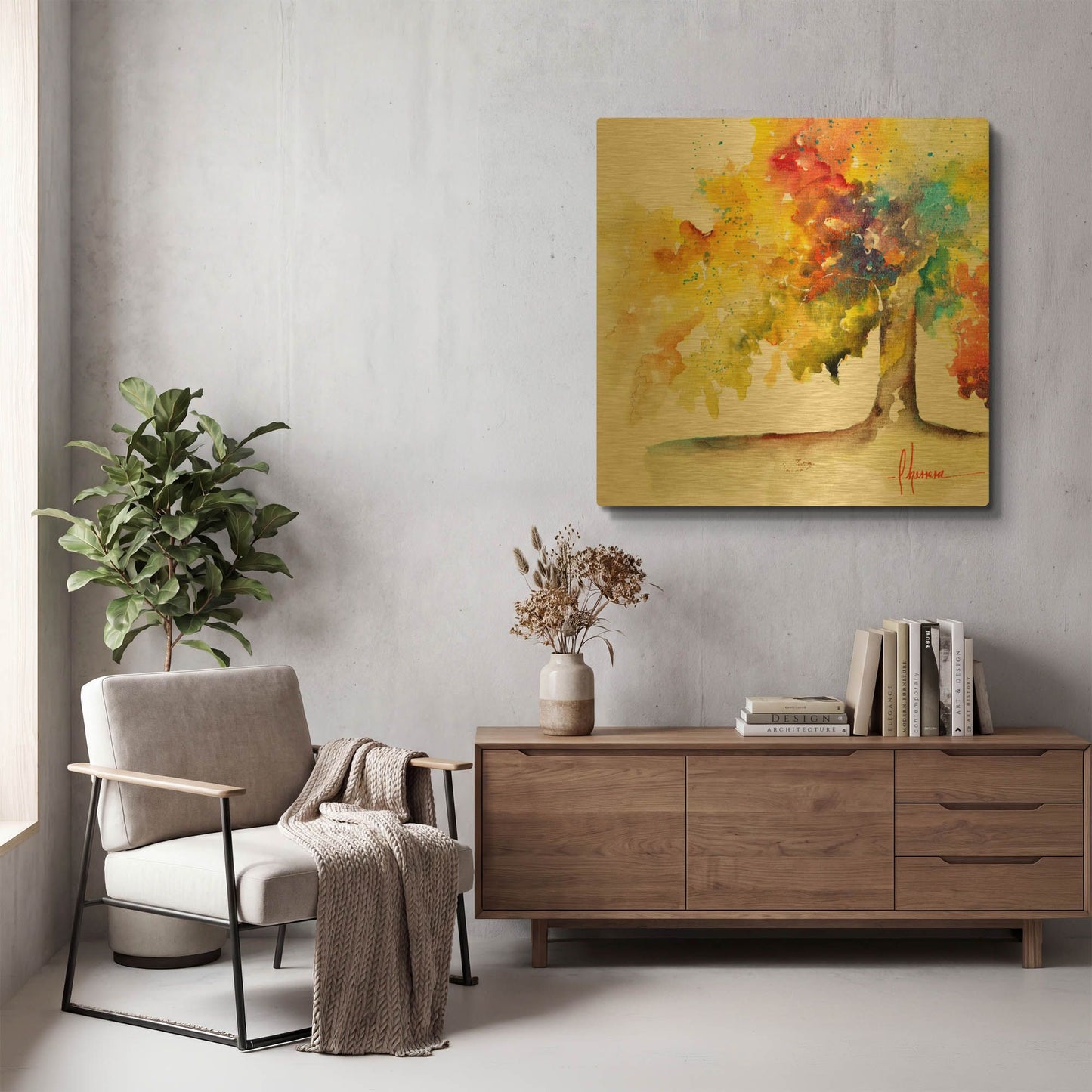 'Rainbow Trees I' By Leticia Herrera Gold Metal Wall Art