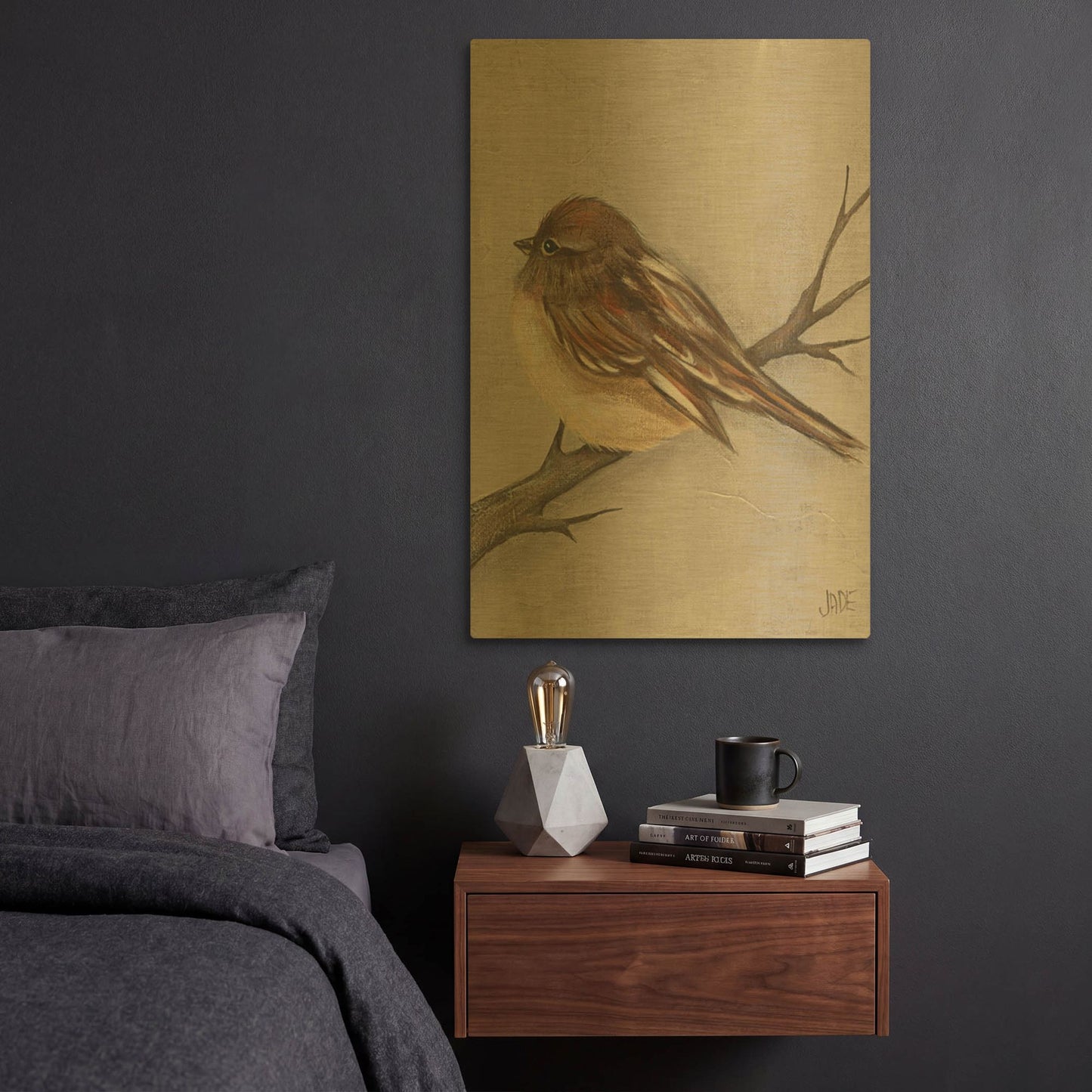 'Winter Bird III' By Jade Reynolds Gold Metal Wall Art