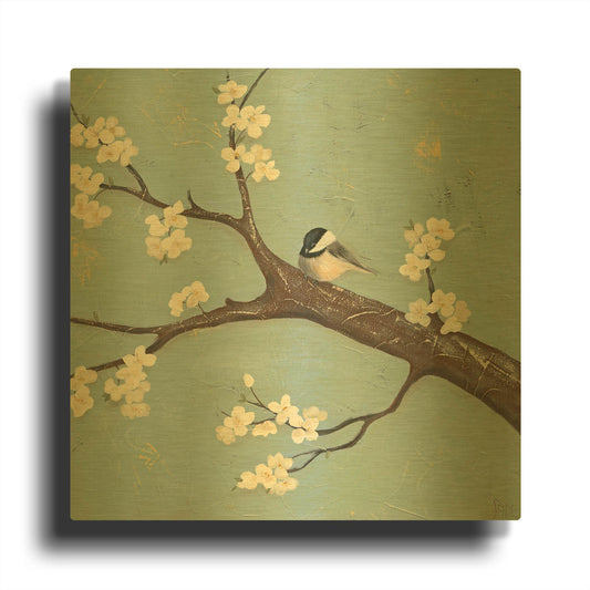 'Chickadee and Dogwood II' By Jade Reynolds Gold Metal Wall Art