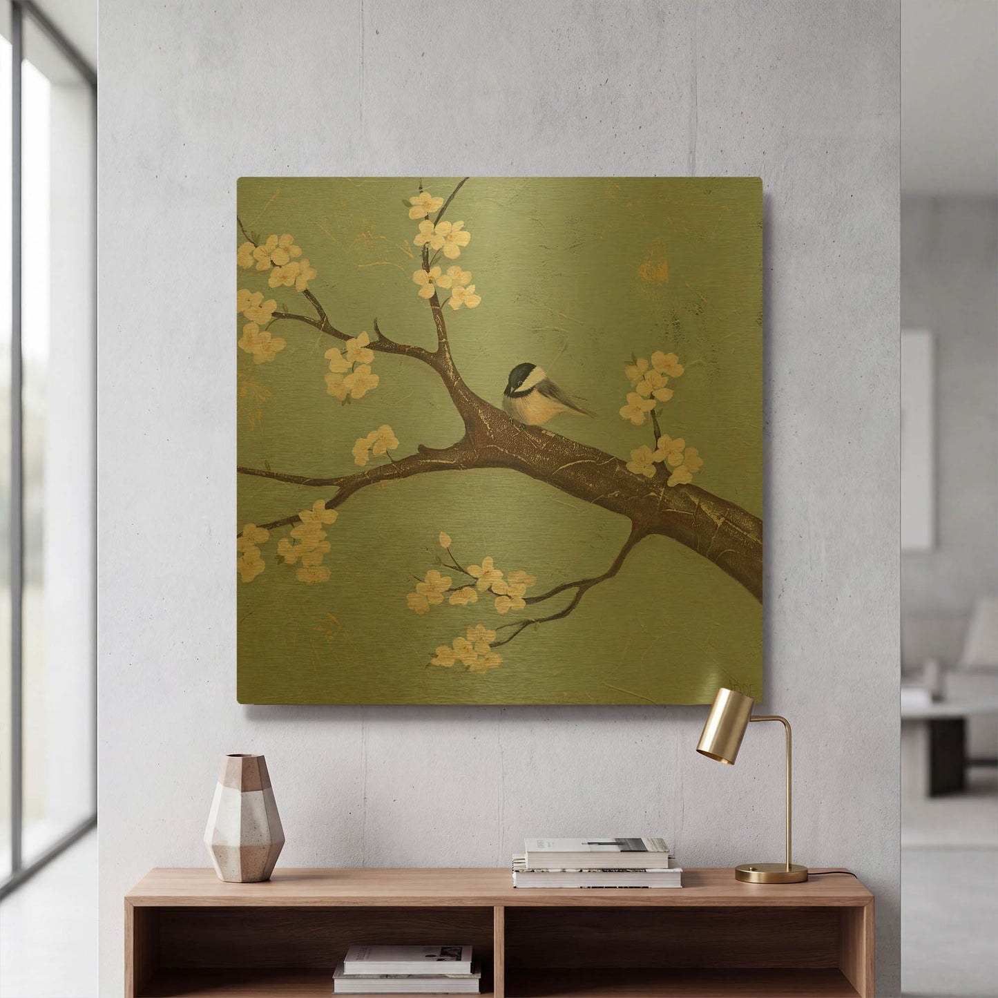 'Chickadee and Dogwood II' By Jade Reynolds Gold Metal Wall Art