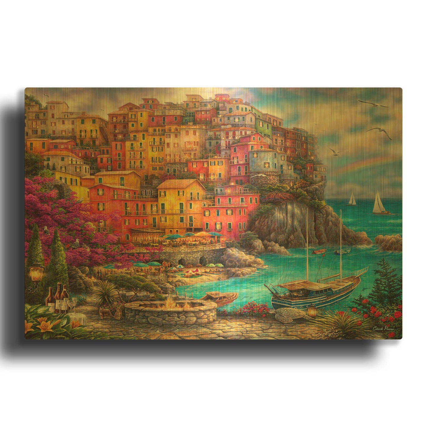 'A Beautiful Day at Cinque Terre' By Chuck Pinson Gold Metal Wall Art