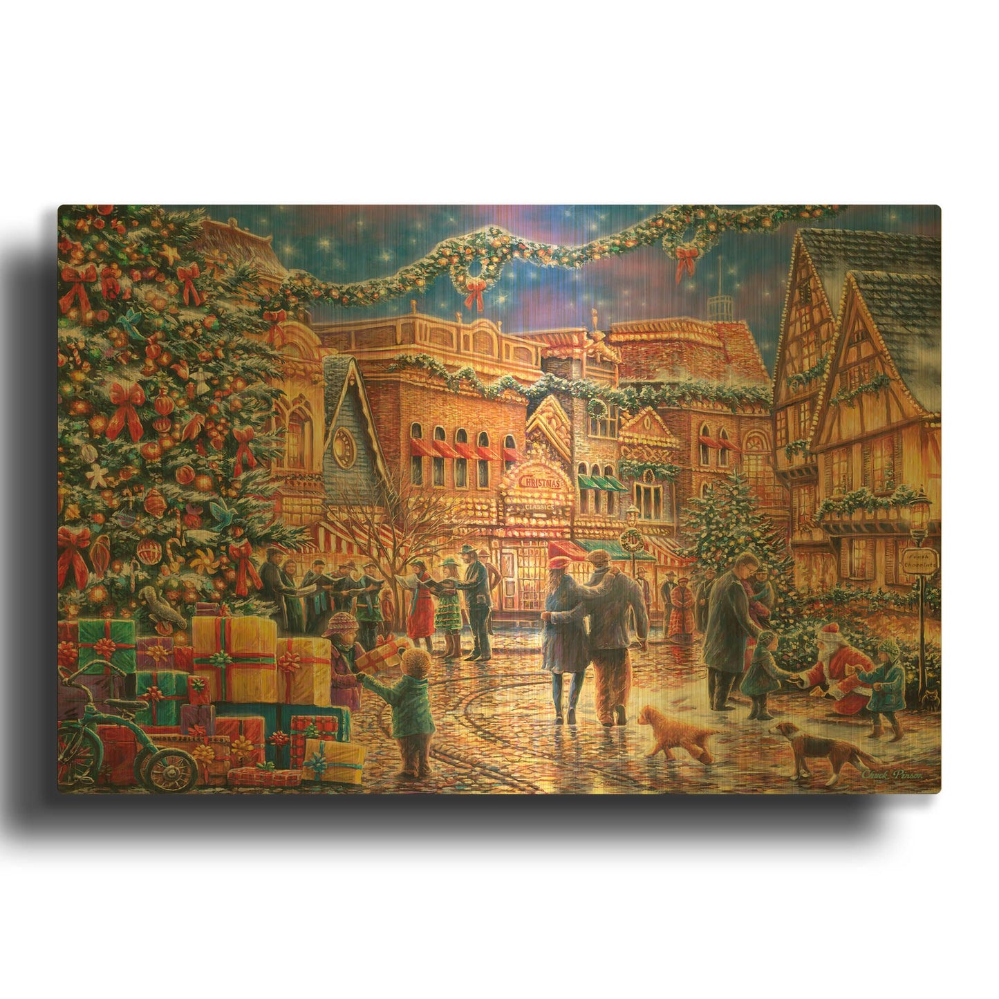 'Christmas at Town Square' By Chuck Pinson Gold Metal Wall Art