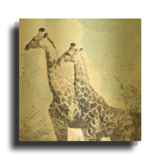 'Two Giraffes' By Linda Woods Gold Metal Wall Art