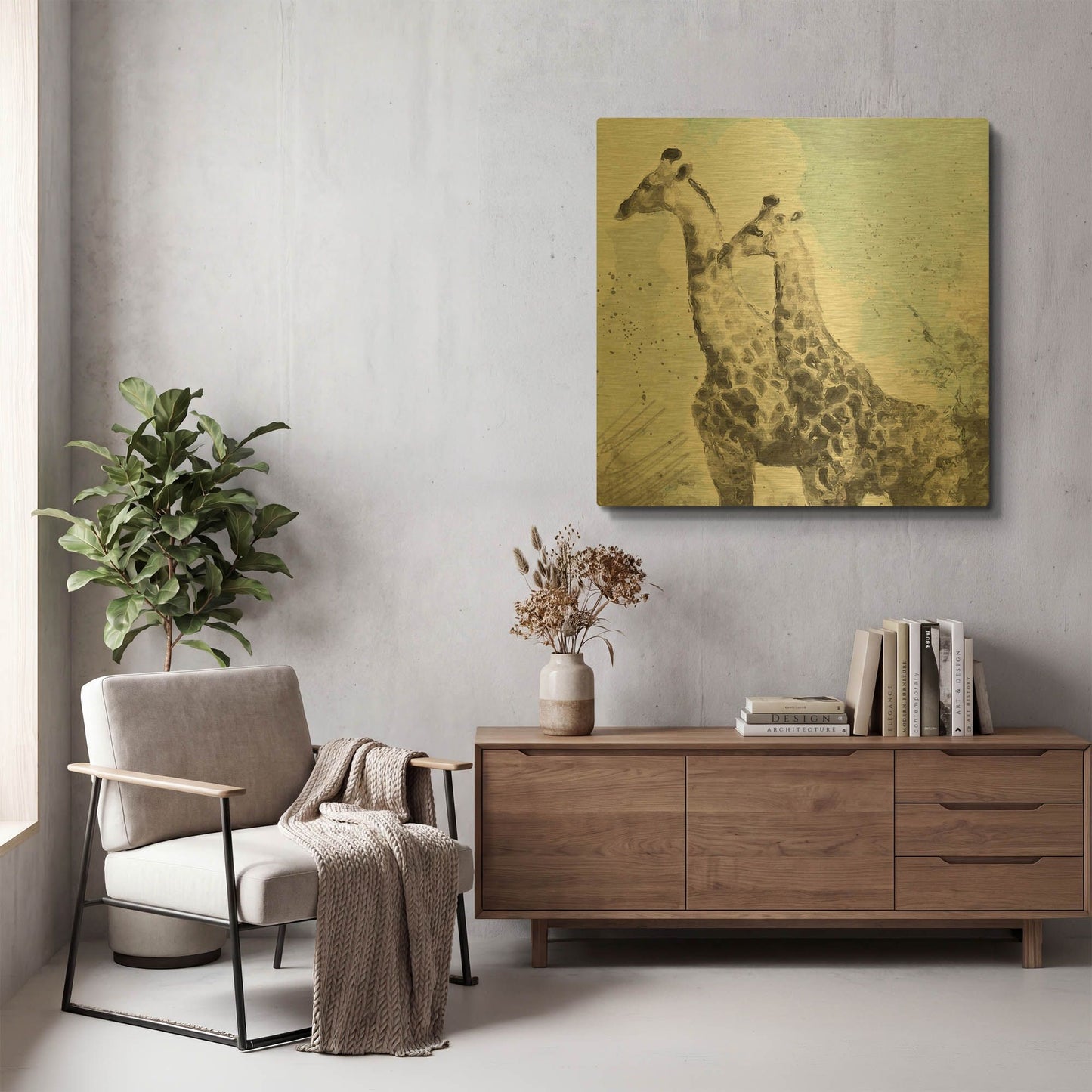 'Two Giraffes' By Linda Woods Gold Metal Wall Art