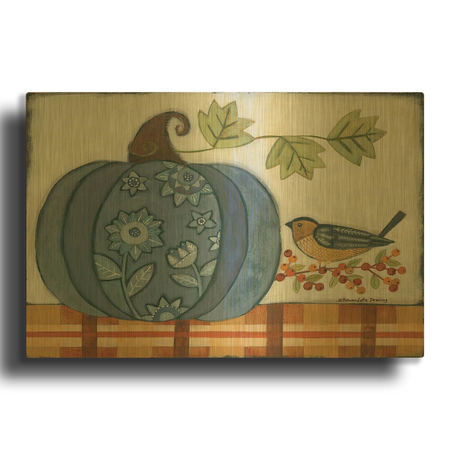 'Blue Patterned Pumpkin' By Bernadette Deming Gold Metal Wall Art