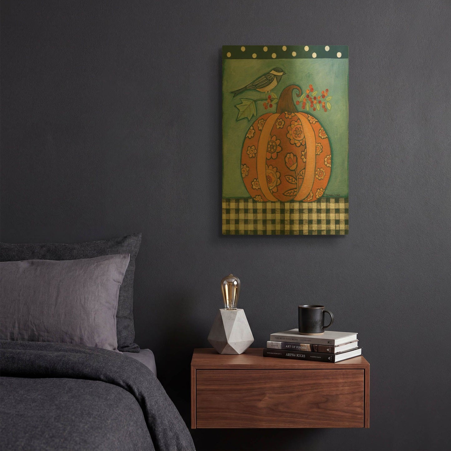'Patterned Pumpkin and Bird' By Bernadette Deming Gold Metal Wall Art