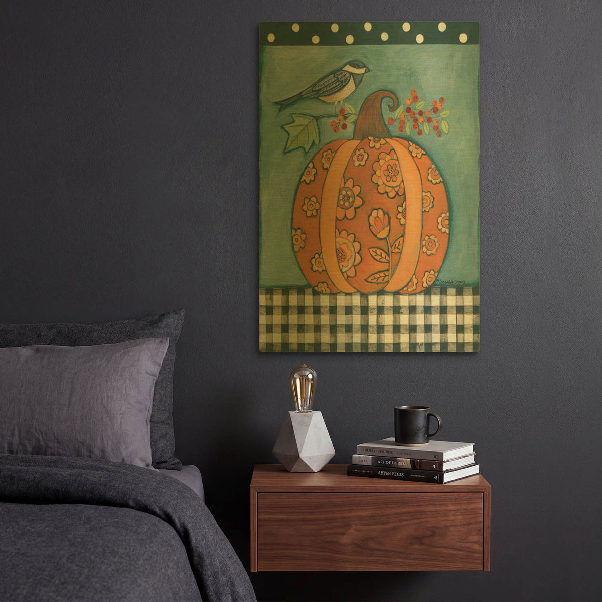 'Patterned Pumpkin and Bird' By Bernadette Deming Gold Metal Wall Art