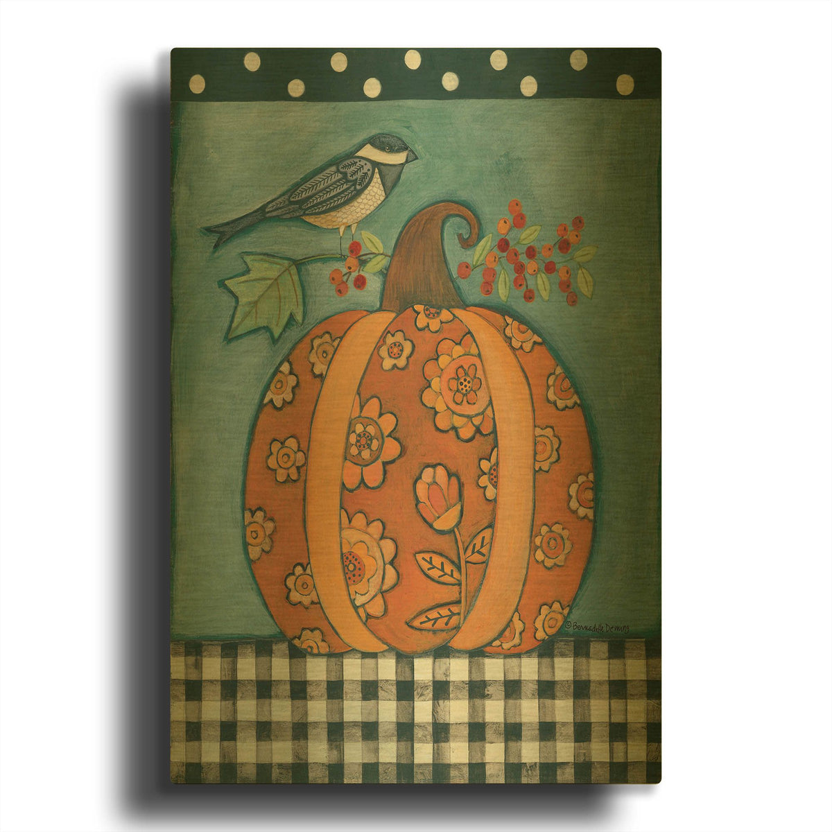 'Patterned Pumpkin and Bird' By Bernadette Deming Gold Metal Wall Art