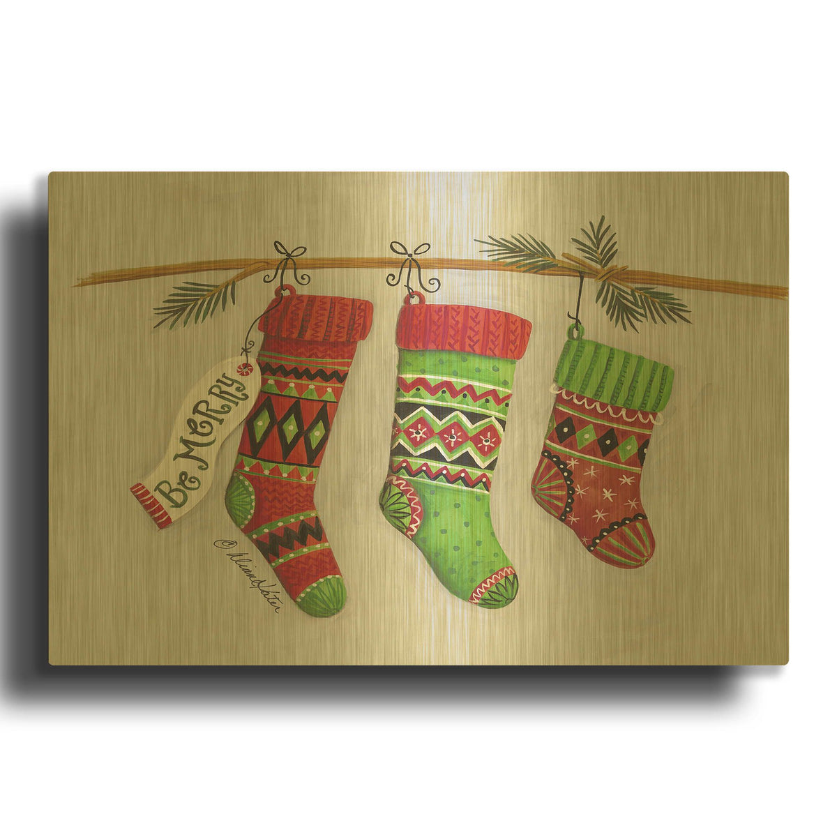 'Be Merry Stockings' By Diane Kater Gold Metal Wall Art