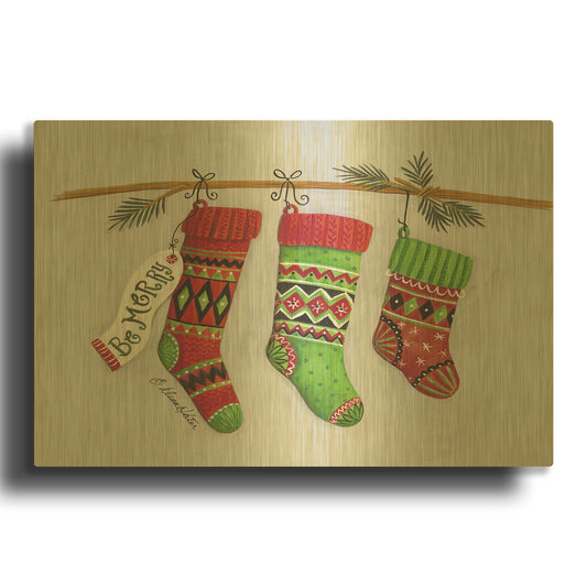 'Be Merry Stockings' By Diane Kater Gold Metal Wall Art