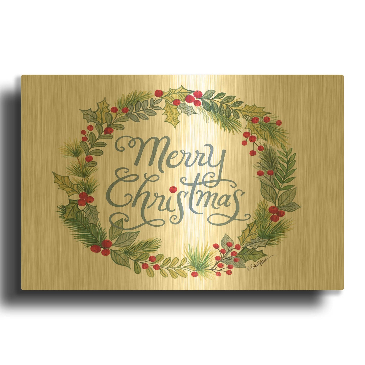 'Merry Christmas Wreath' By Diane Kater Gold Metal Wall Art
