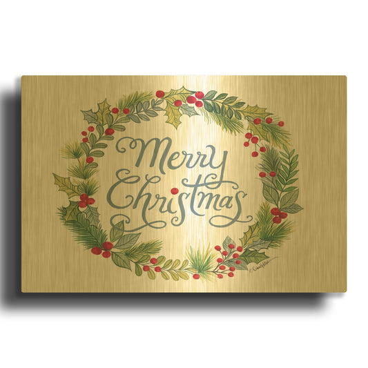 'Merry Christmas Wreath' By Diane Kater Gold Metal Wall Art