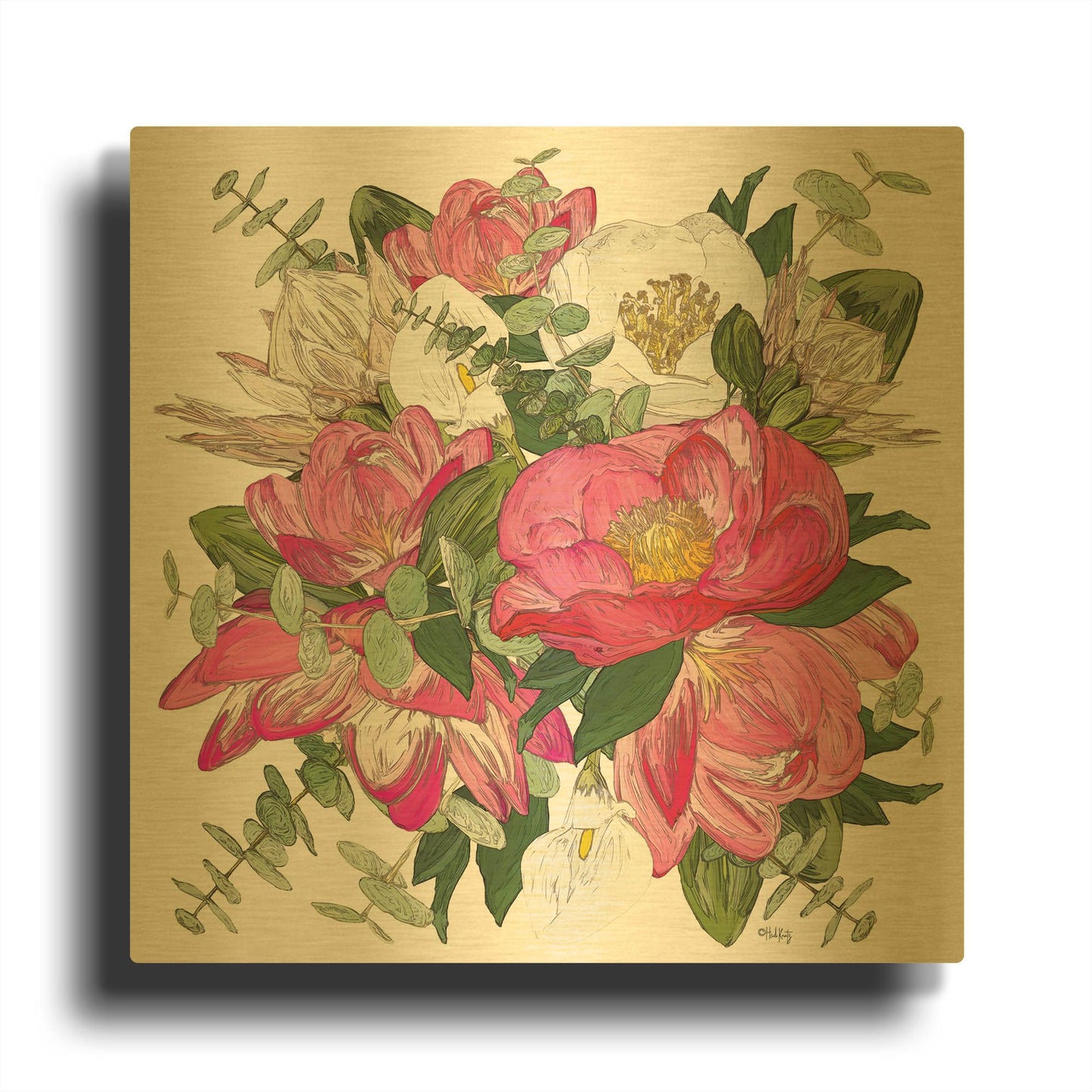 'Pink Floral Bouquet' By Heidi Kuntz Gold Metal Wall Art