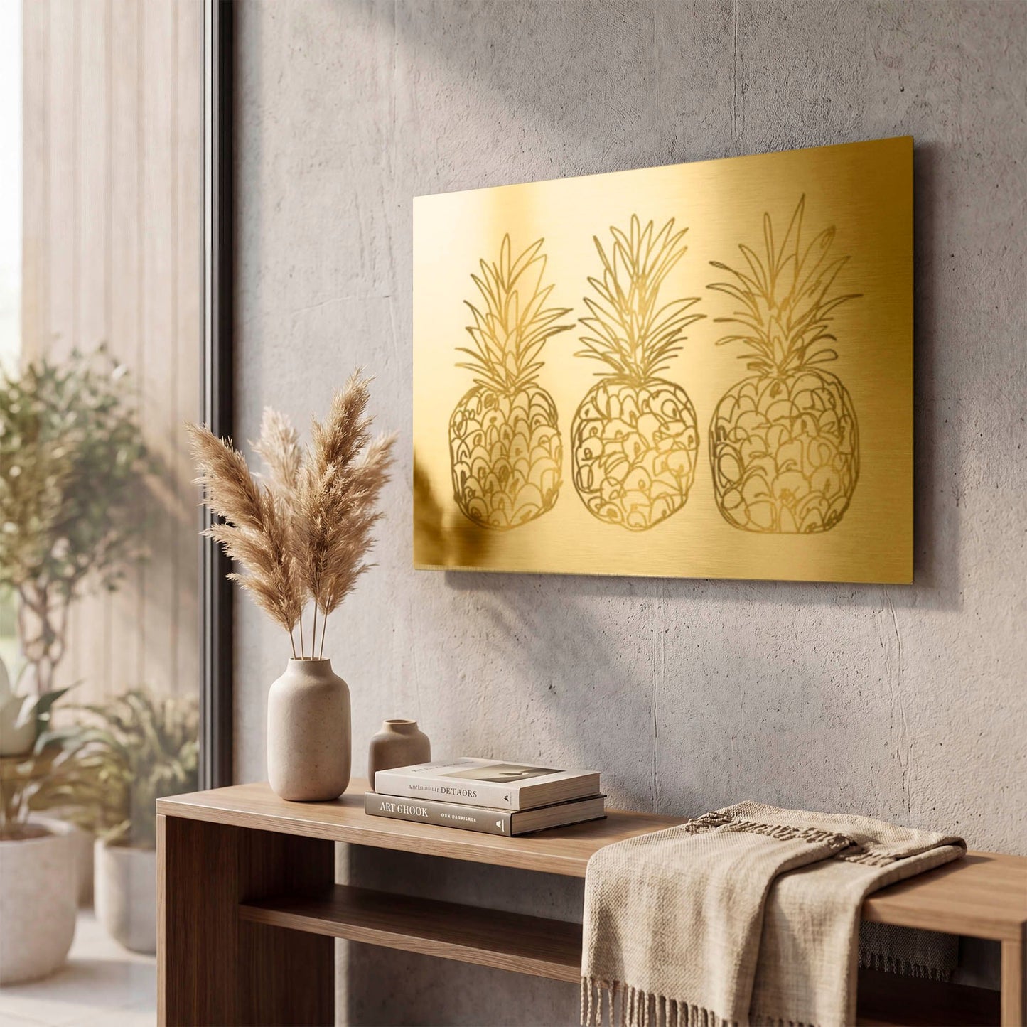 'Three Golden Pineapples' By Linda Woods Gold Metal Wall Art