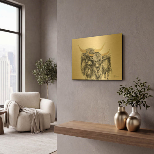'Highland Cattle' By Hollihocks Art Gold Metal Wall Art