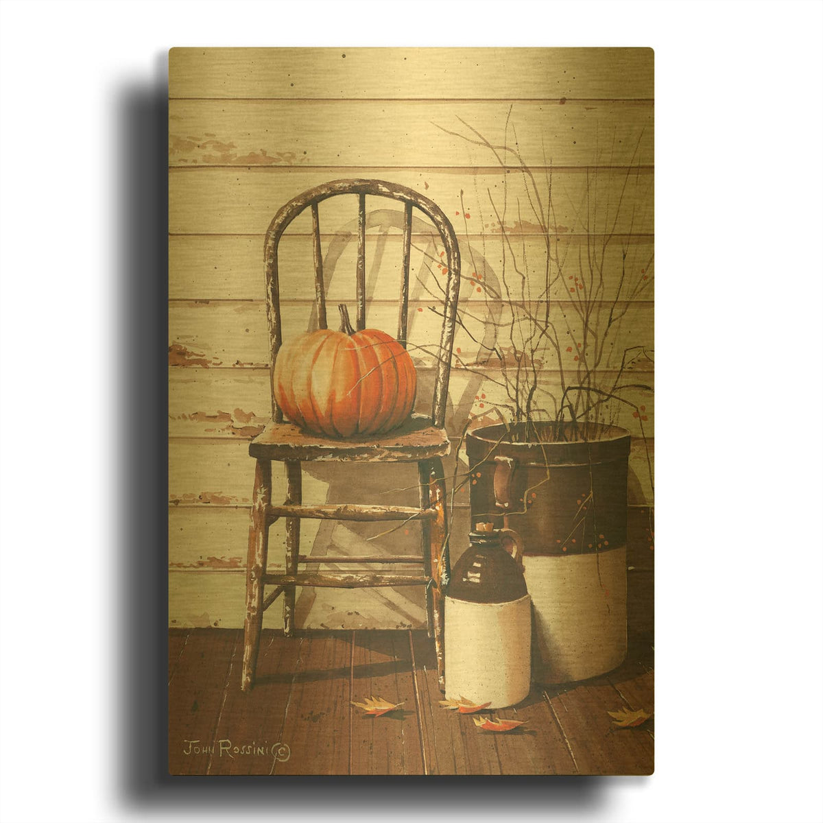 'Pumpkin & Chair' By John Rossini Gold Metal Wall Art