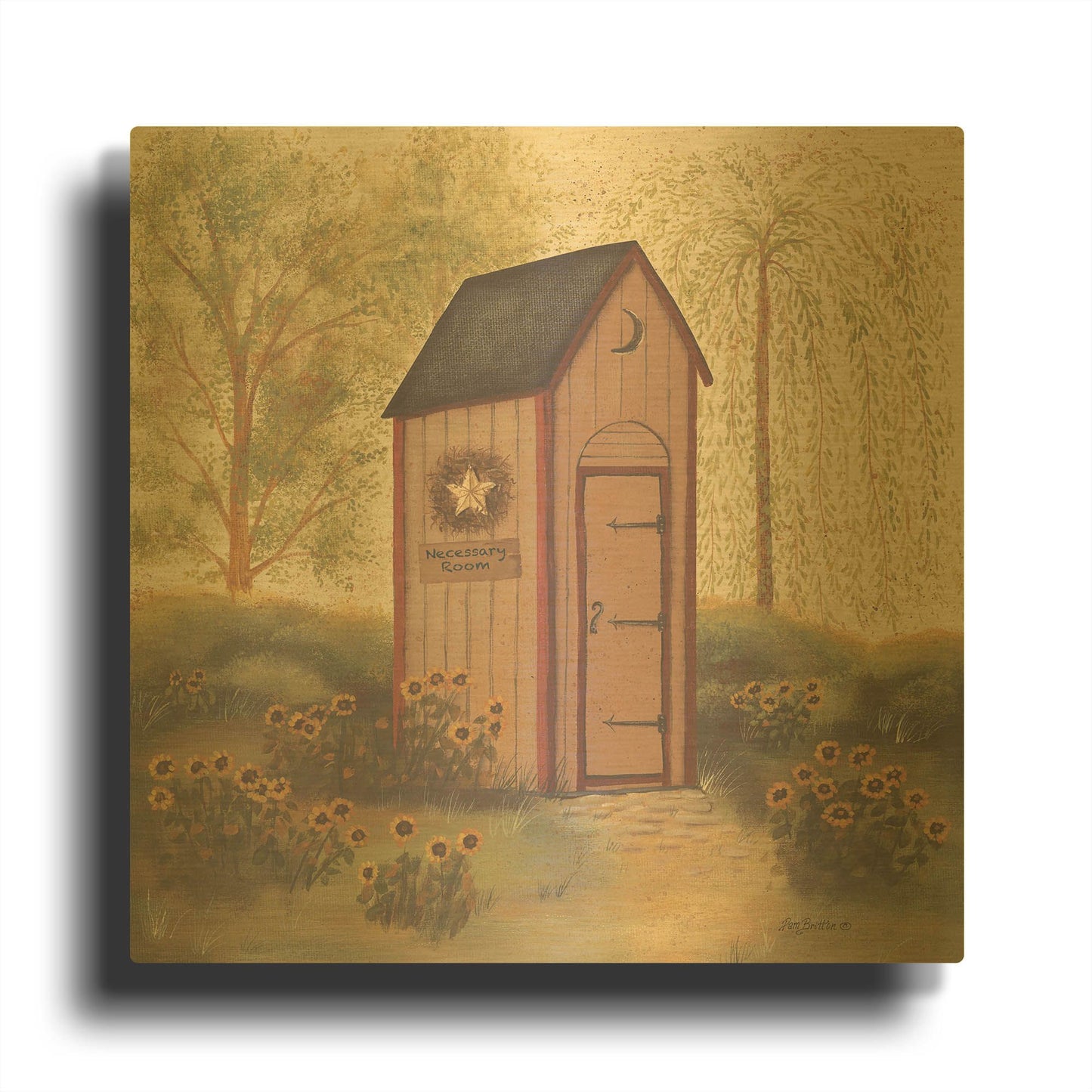 'Folk Art Outhouse I' By Pam Britton Gold Metal Wall Art