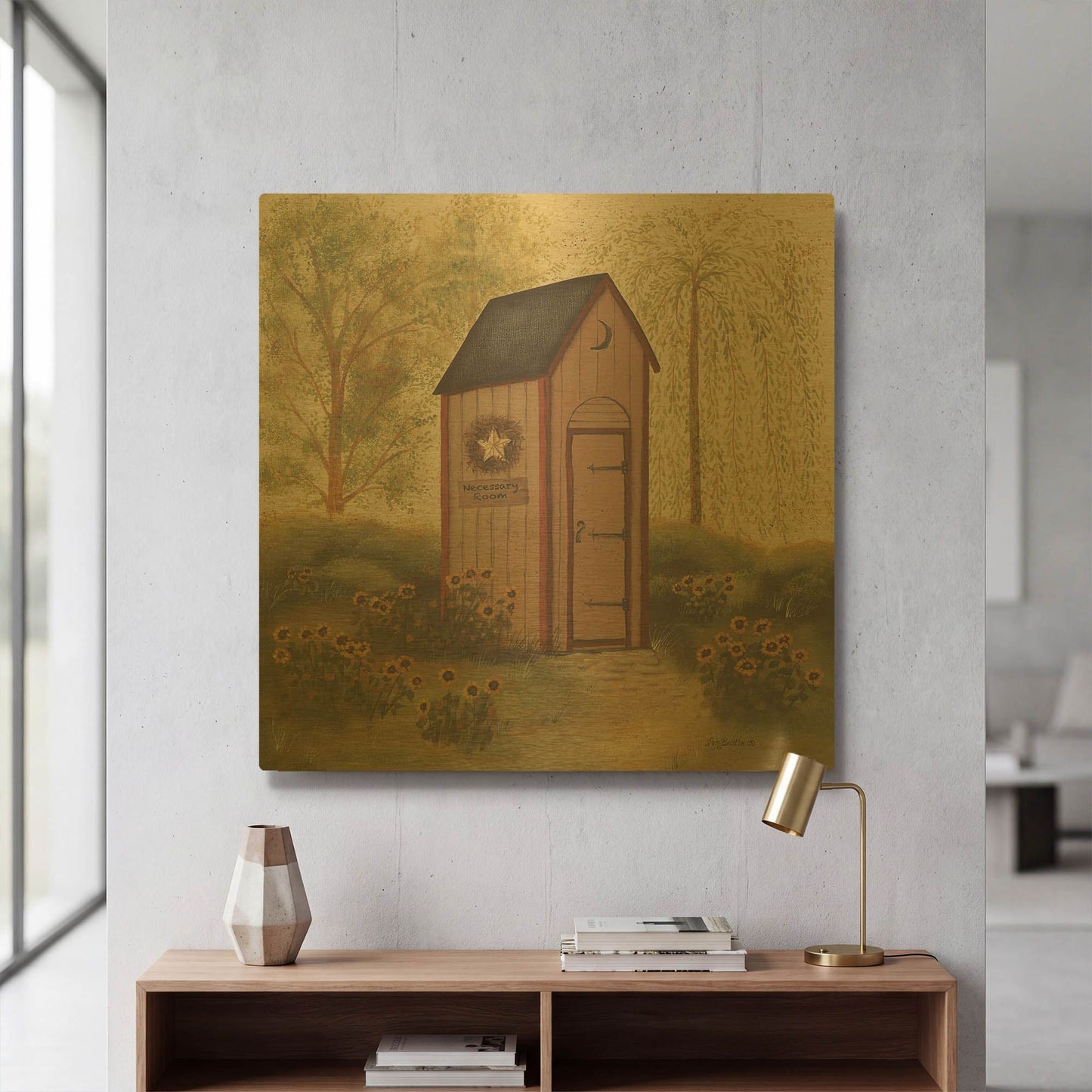 'Folk Art Outhouse I' By Pam Britton Gold Metal Wall Art