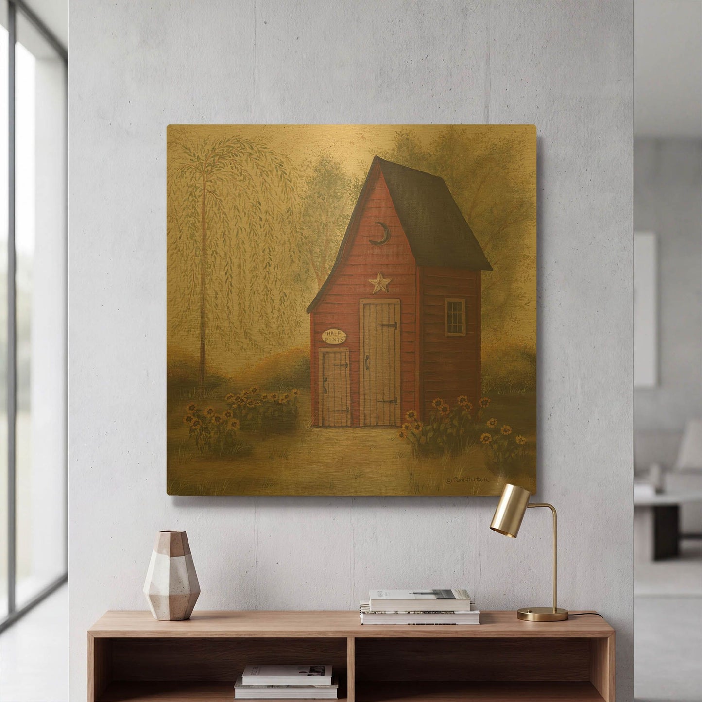 'Folk Art Outhouse II' By Pam Britton Gold Metal Wall Art