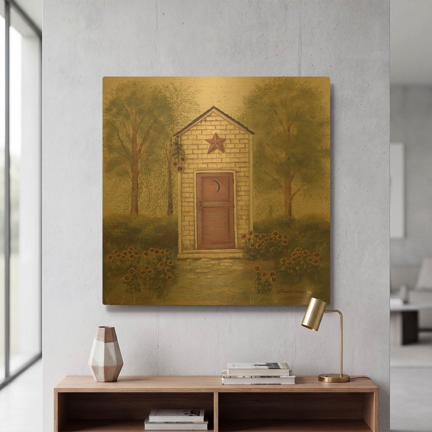 'Folk Art Outhouse III' By Pam Britton Gold Metal Wall Art