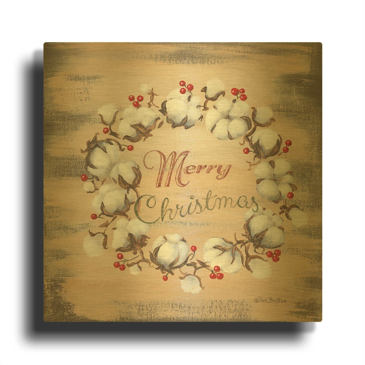 'Cotton Wreath Holiday' By Pam Britton Gold Metal Wall Art