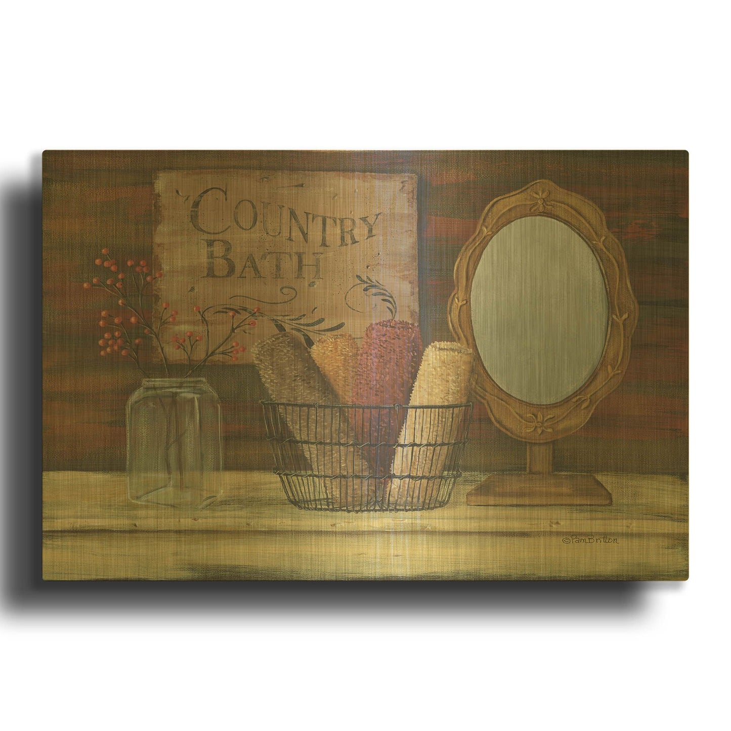 'Country Bath' By Pam Britton Gold Metal Wall Art