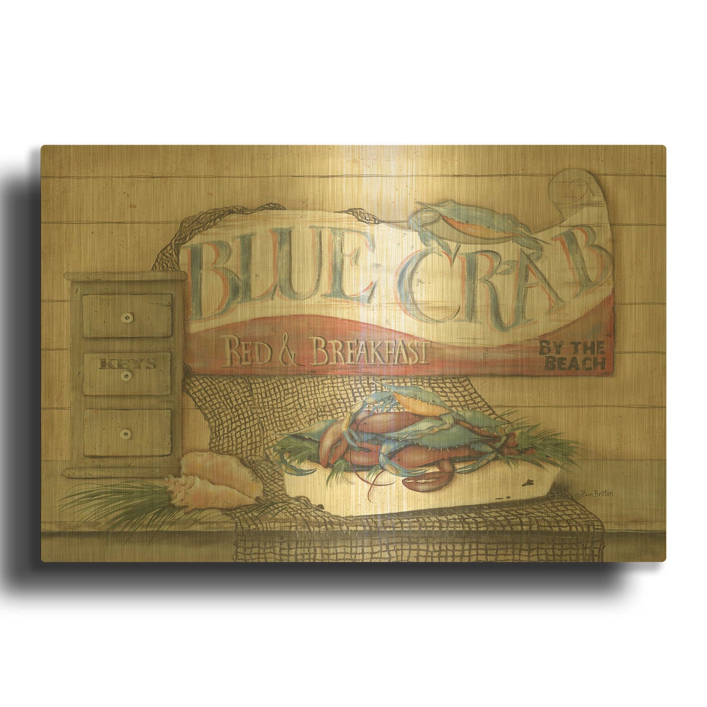'Blue Crab B & B' By Pam Britton Gold Metal Wall Art
