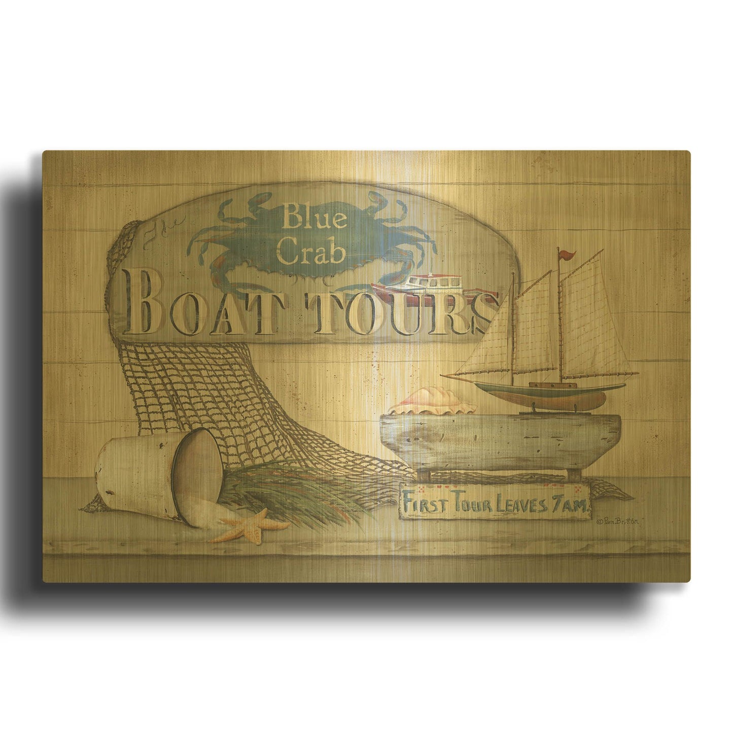 'Blue Crab Boat Tours' By Pam Britton Gold Metal Wall Art