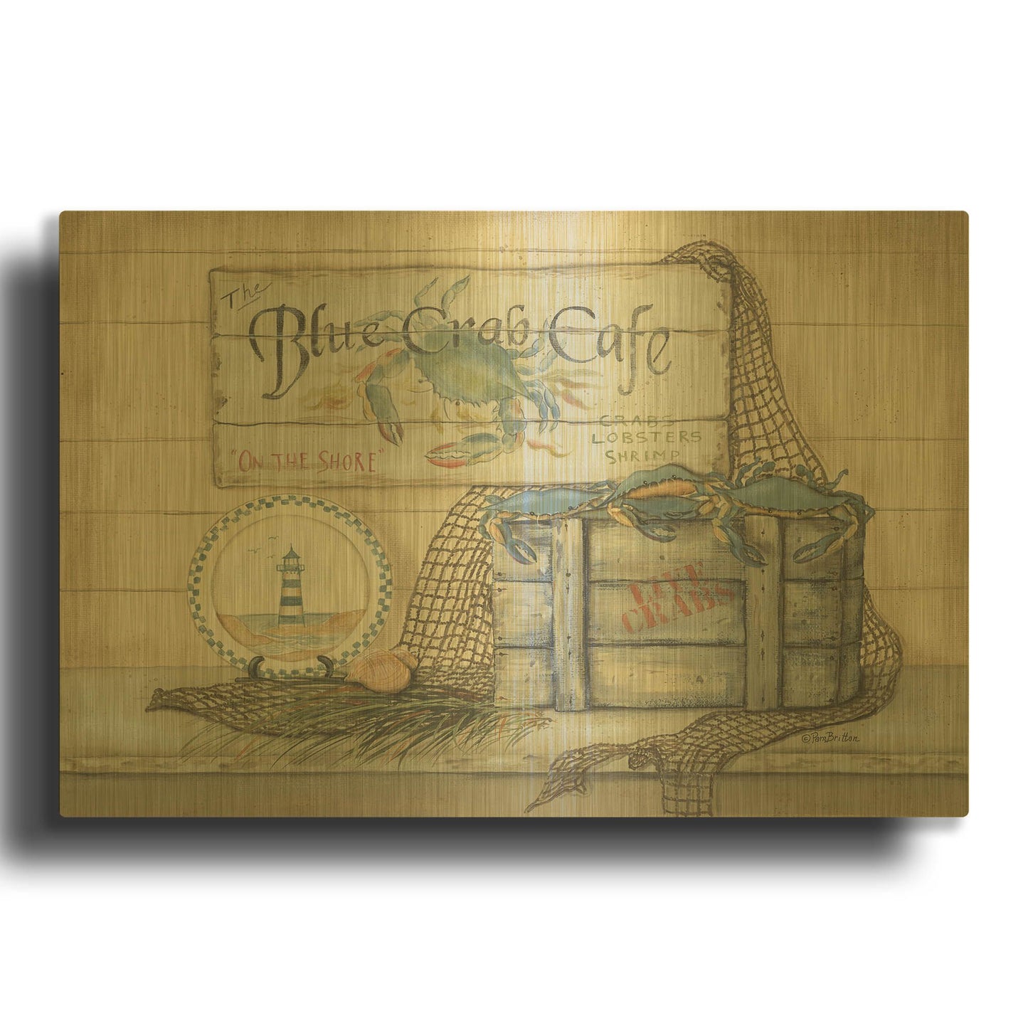 'Blue Crab Cafe' By Pam Britton Gold Metal Wall Art