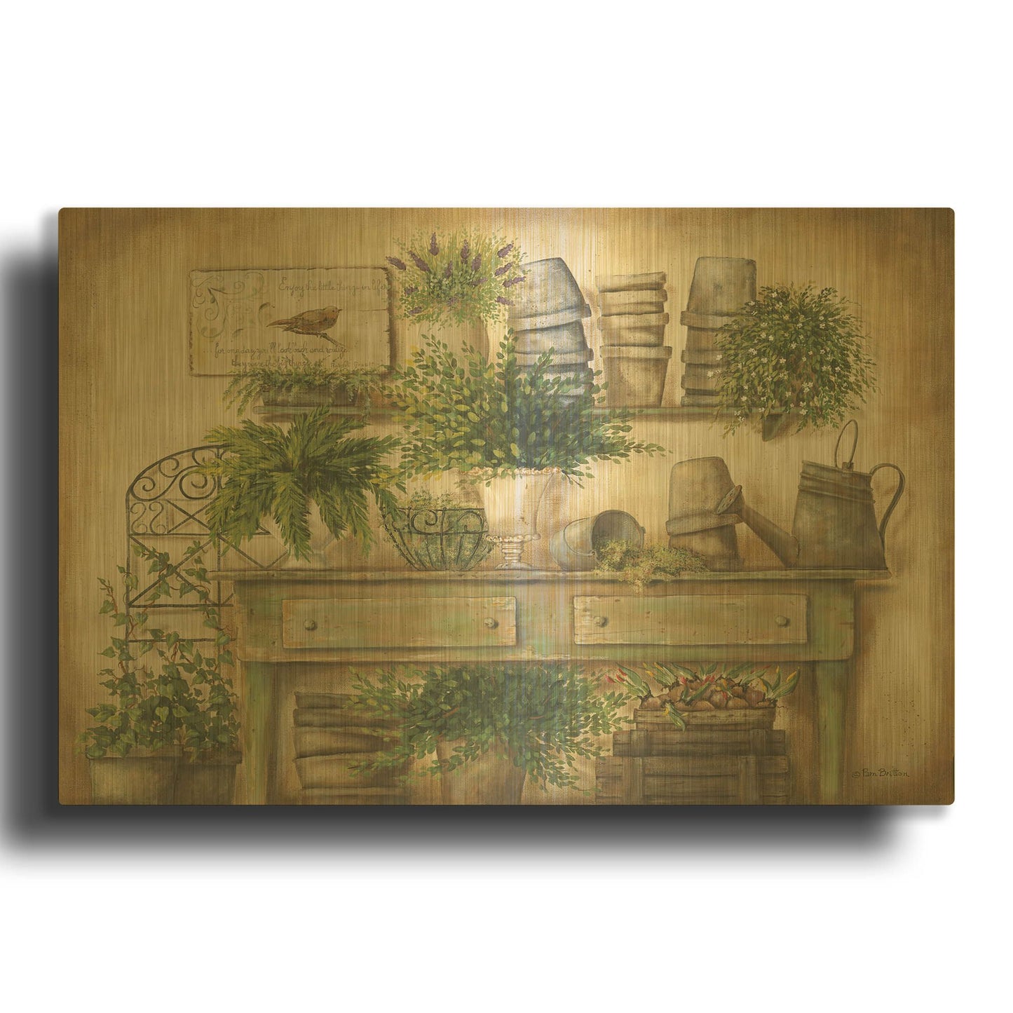 'Potting Bench I' By Pam Britton Gold Metal Wall Art