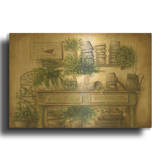 'Potting Bench I' By Pam Britton Gold Metal Wall Art