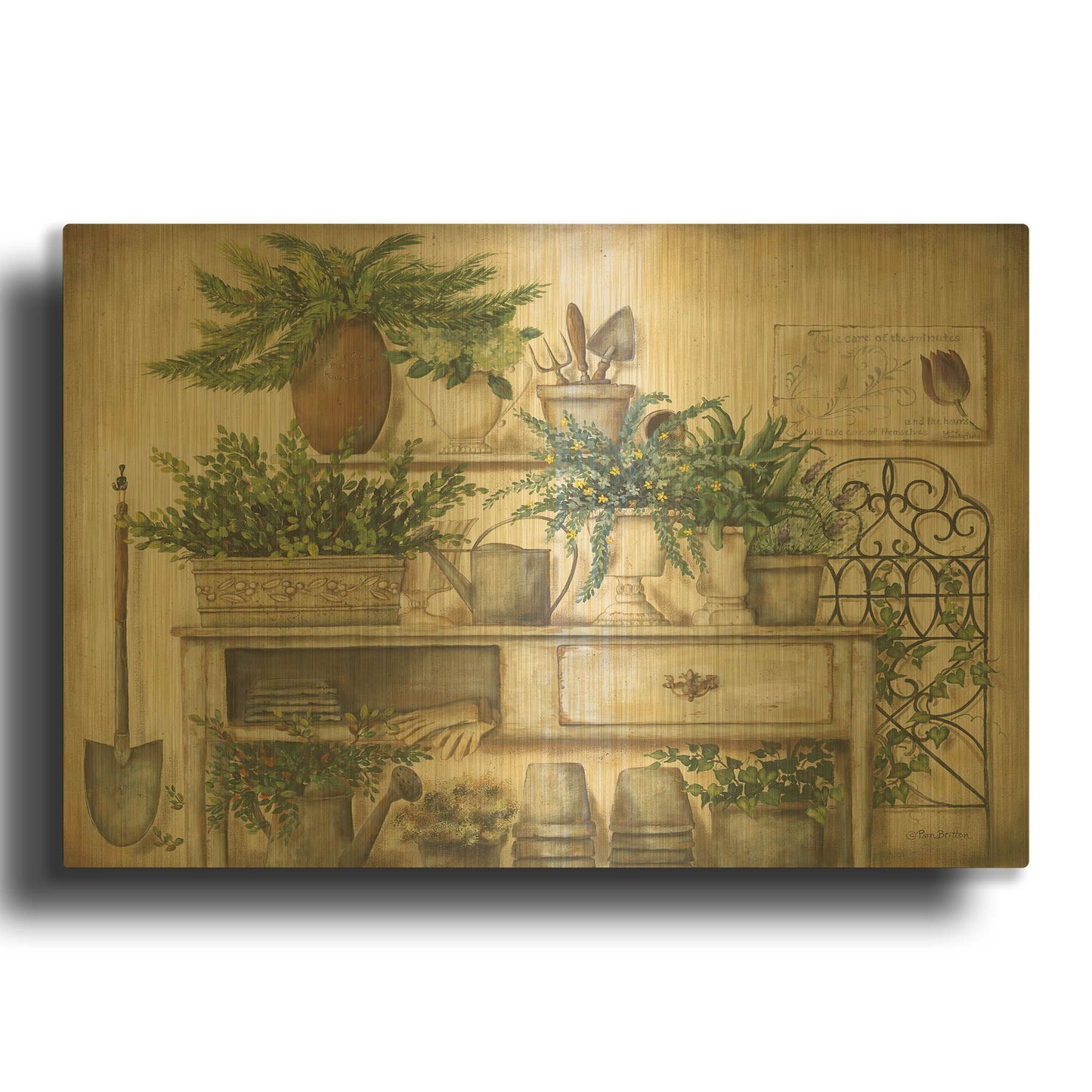 'Potting Bench II' By Pam Britton Gold Metal Wall Art