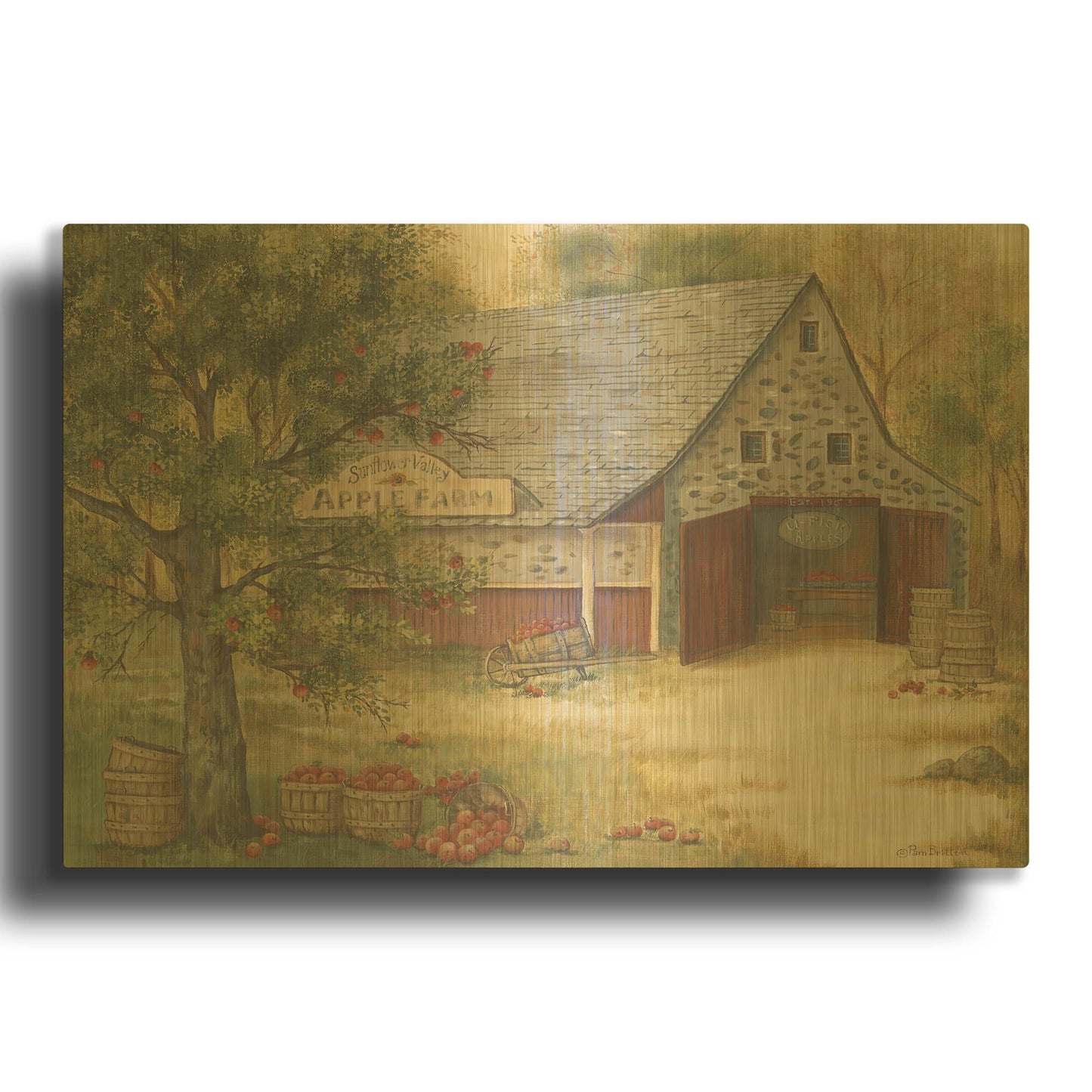 'Sunflower Valley Apple Farm' By Pam Britton Gold Metal Wall Art