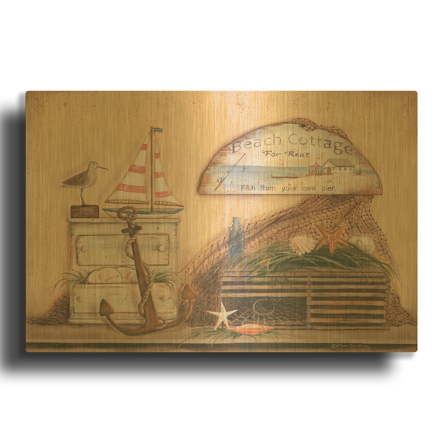 'Beach Cottage' By Pam Britton Gold Metal Wall Art