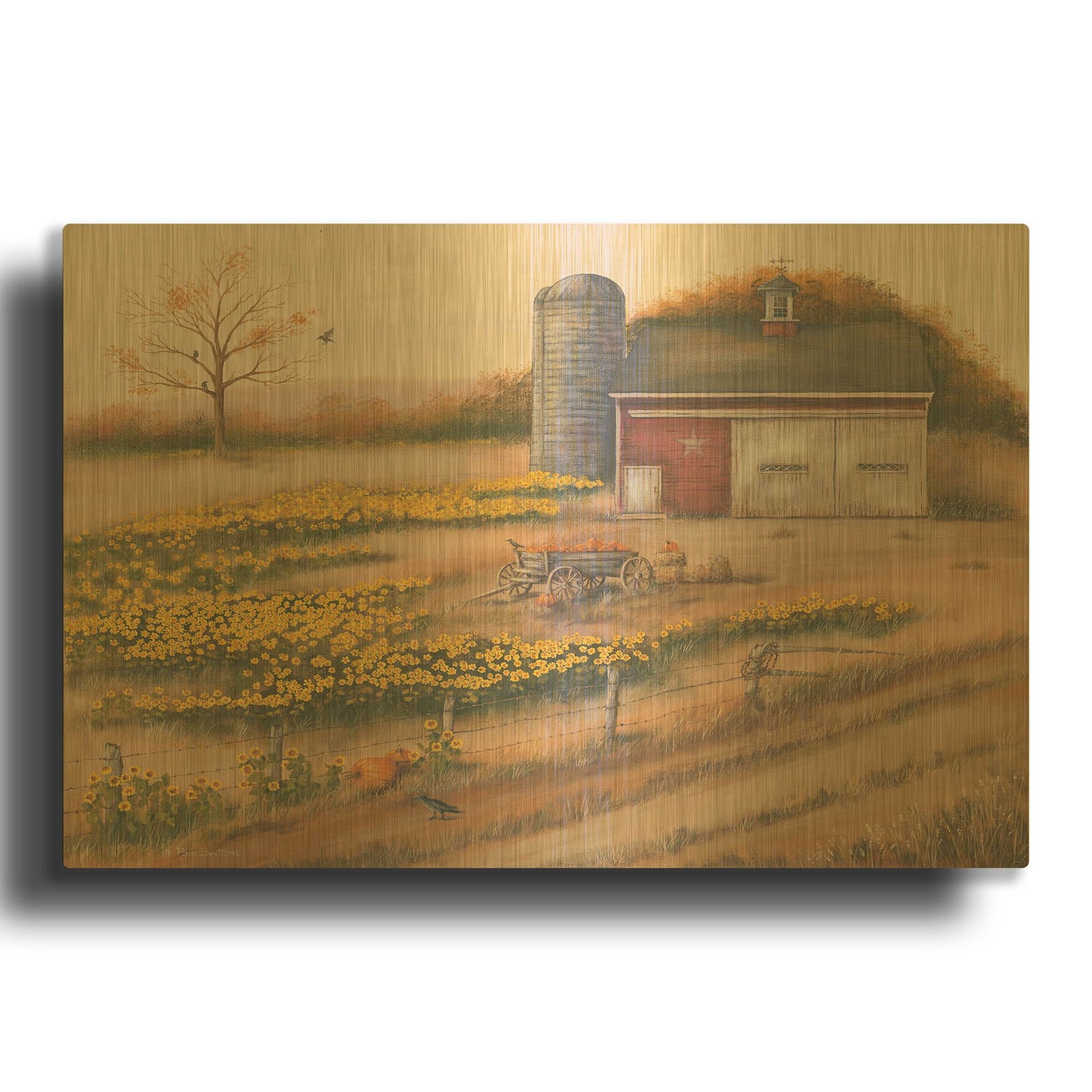 'Barn & Sunflowers I' By Pam Britton Gold Metal Wall Art