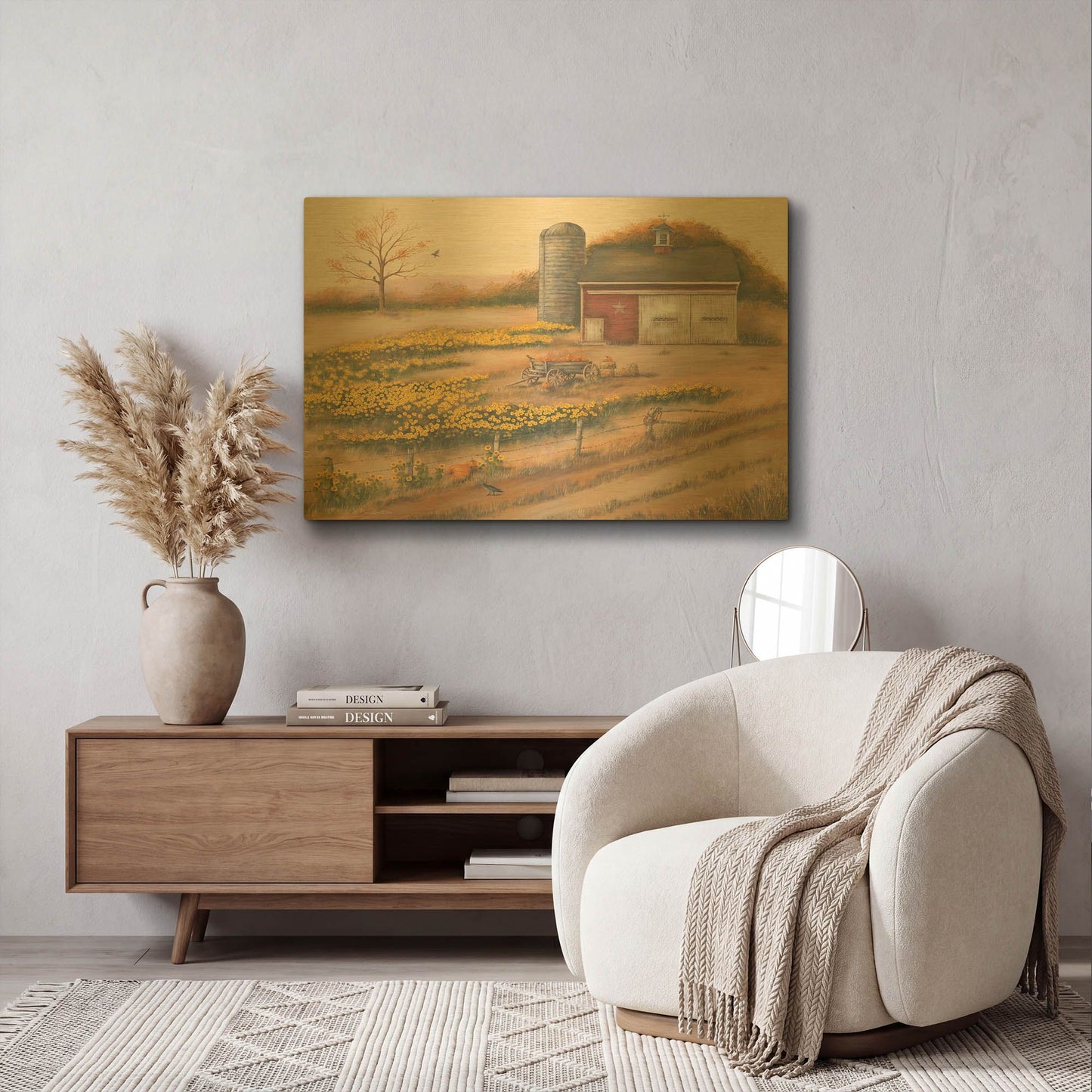 'Barn & Sunflowers I' By Pam Britton Gold Metal Wall Art