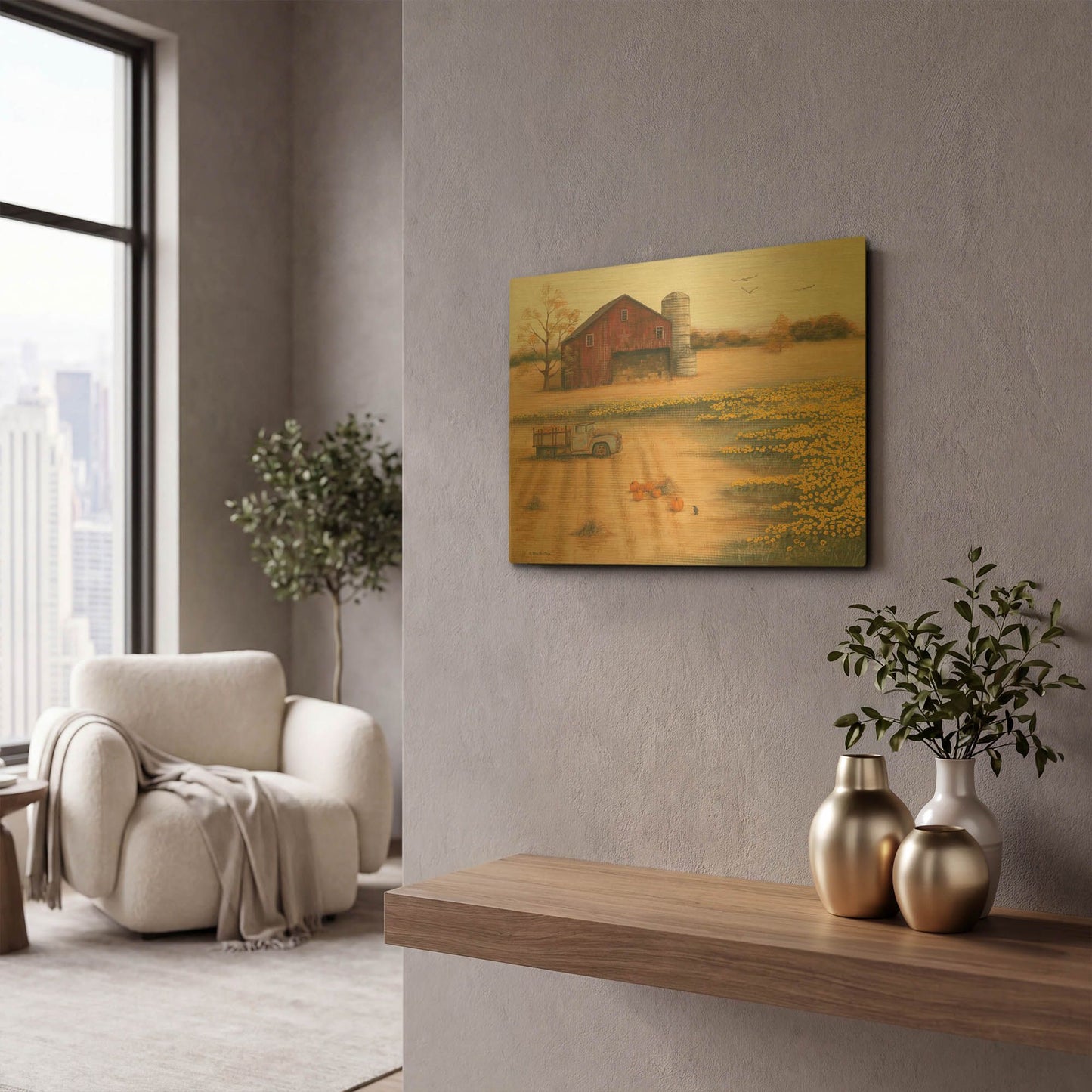 'Barn & Sunflowers II' By Pam Britton Gold Metal Wall Art