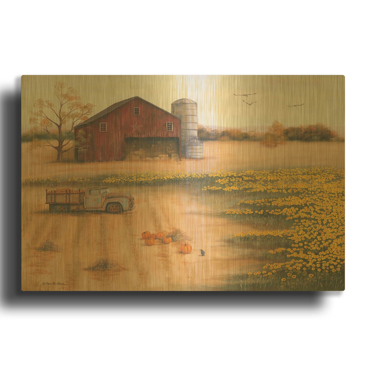 'Barn & Sunflowers II' By Pam Britton Gold Metal Wall Art